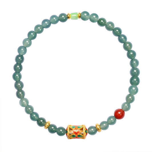 Natural Jade Bracelet - Grade A Authentic from Guatemala, S925 Sterling Silver with 18K Gold Plating, Southern Red Agate Ename