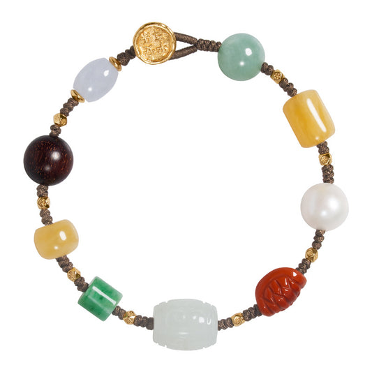 Natural Qinghai Hetian Jade Bracelet for Women with Southern Red Agate, Amber, Sandalwood, Jadeite, Pure Silver Gold-Plated Woven Rope Bracelet